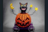 Paper Mache Halloween Sculpture, Jack-O-Lantern, Black Cat