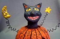 Paper Mache Halloween Sculpture, Jack-O-Lantern, Black Cat