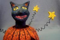 Paper Mache Halloween Sculpture, Jack-O-Lantern, Black Cat