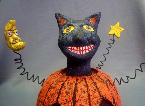 Paper Mache Halloween Sculpture, Jack-O-Lantern, Black Cat