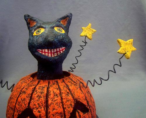 Paper Mache Halloween Sculpture, Jack-O-Lantern, Black Cat