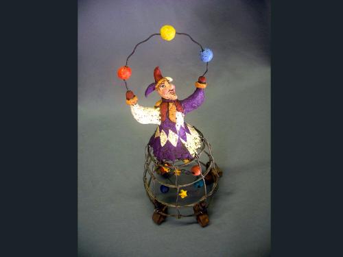Paper Mache Jester Harlequin Cage Sculpture