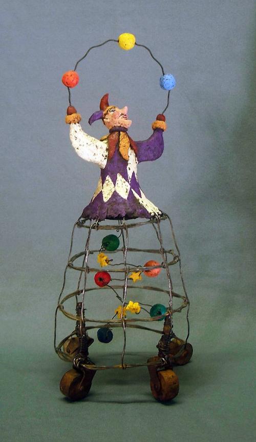 Paper Mache Jester Harlequin Cage Sculpture