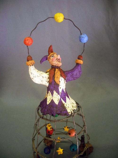 Paper Mache Jester Harlequin Cage Sculpture