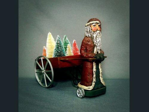 Paper Mache Santa Claus Pulling A Cart Of Trees