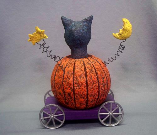 Paper Mache Halloween Sculpture, Jack-O-Lantern, Black Cat