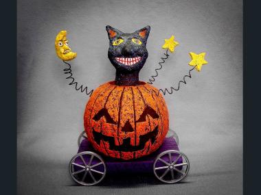 Paper Mache Halloween Sculpture, Jack-O-Lantern, Black Cat