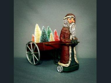 Paper Mache Santa Claus Pulling A Cart Of Trees